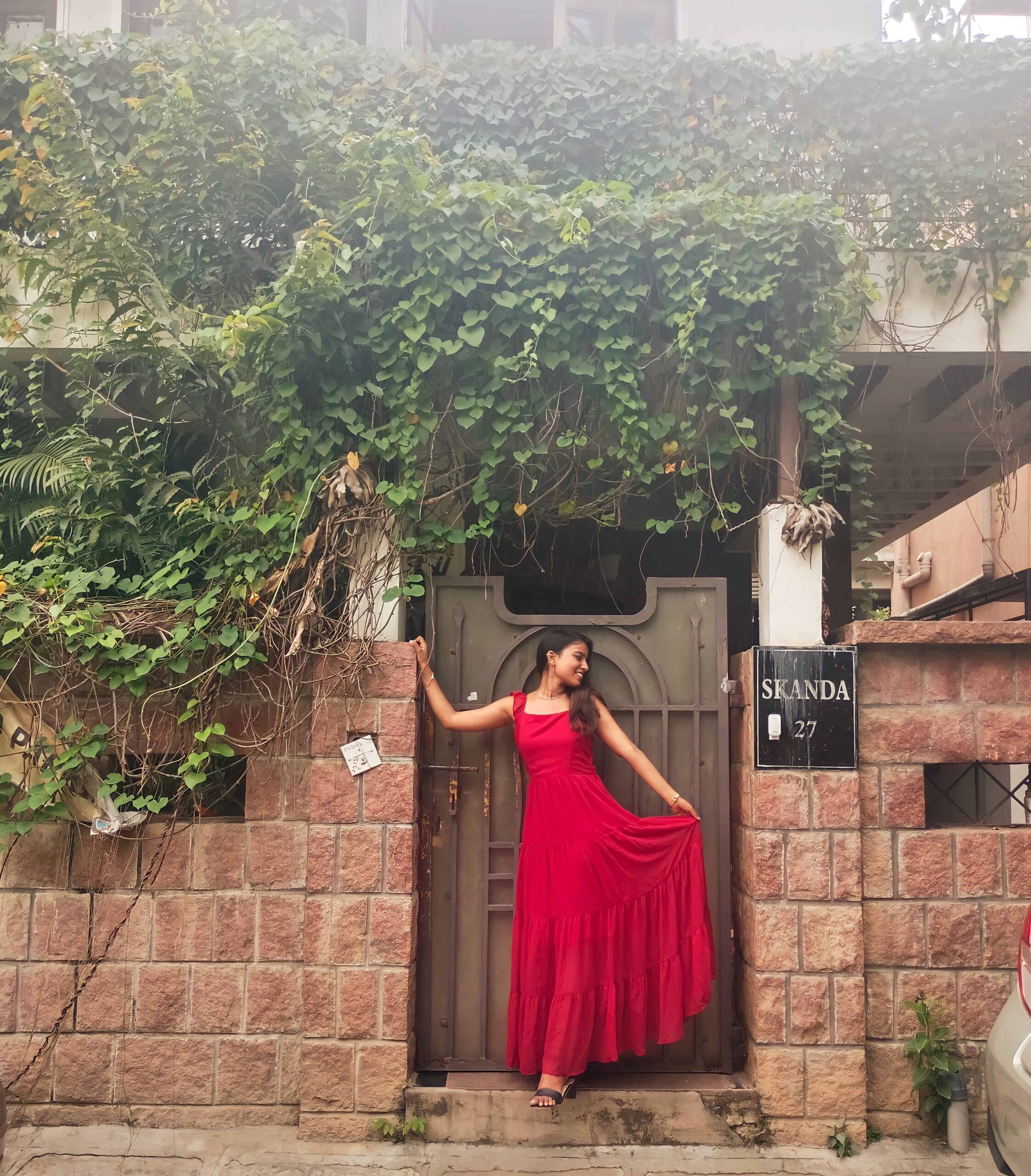 Dreamy Red tiered dress how to pose in long dresses manasa yenukoti